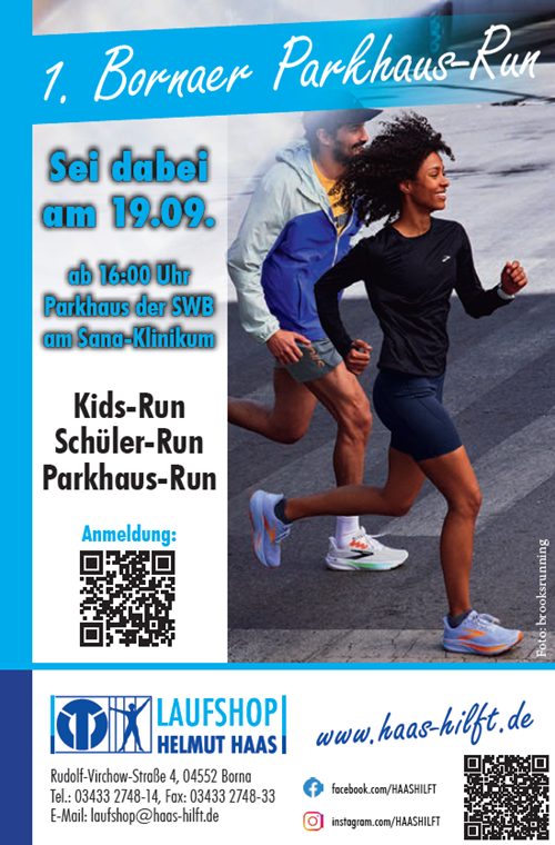 Am 19.09.2025 startet um 16 Uhr der 1. Bornaer Parkhaus Run. Anmeldungen zur Teilnahme können unter https://baer-service.de/anmeldung/BPR getätigt werden.